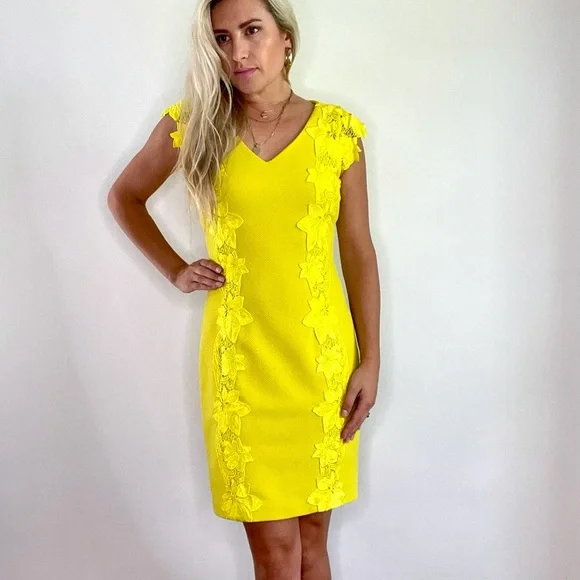 Badgley Mischka Chartreuse Yellow Lace Dress sz 4 - Picture 13 of 14